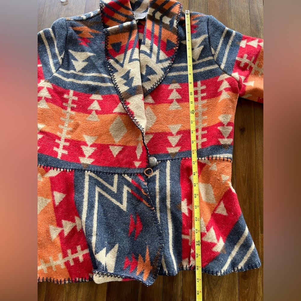 NEW Rhonda Stark denim Zuni flounce wrap wool blend Aztec pattern - Picture 6 of 10